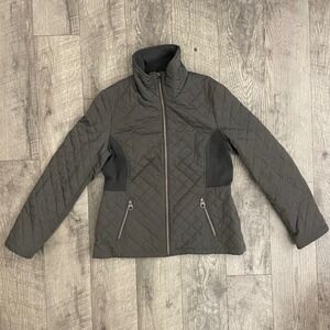 Calvin Klein Womens Quilted Jacket Charcoal Gray Full Zip Funnel Neck